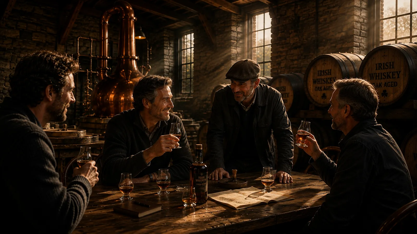 People sharing Irish whiskey stories